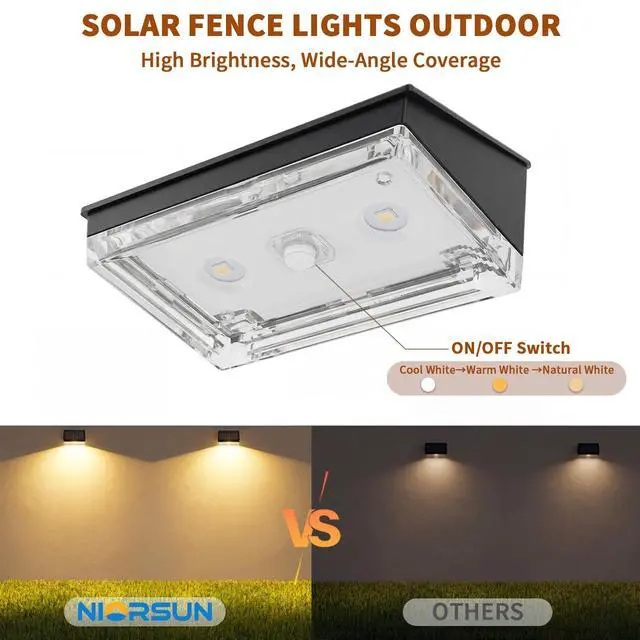 Alt view image 3 of 7 - Solar Fence Lights 12 Pack, Outdoor Solar Lights with 3 Color Temperatures, IP65 Waterproof Wide-Angle LED Lighting for Fence, Patio, Yard, Deck, Wall, Garden (Black)
