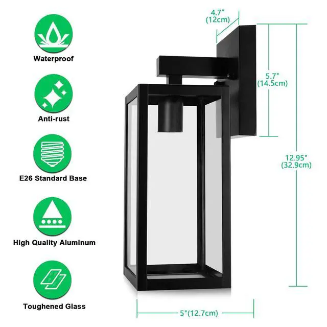 Alt view image 2 of 7 - Outdoor Wall Light Fixture, Exterior Waterproof Wall Lantern | Porch Wall Sconce Black, Anti-Rust, E26 Socket, Clear Glass, Outside Wall Mount Light, Front Door Lighting for Patio Garage