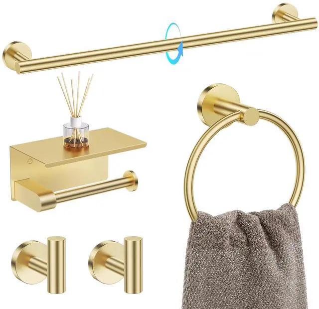 Main image of 5 Piece Bathroom Hardware Set, Brushed Gold Bathroom Accessories | SUS304 Stainless Steel, 23.6" Brushed Gold Toilet Paper Holder with Shelf, Towel Racks for Bathroom Wall Mounted, Towel Bars