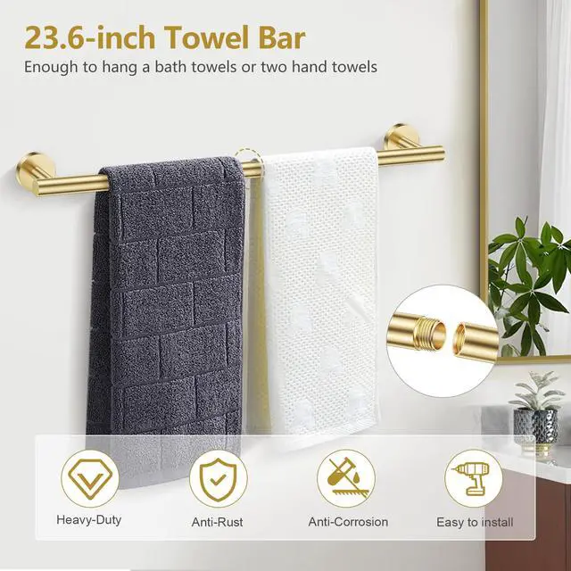 Alt view image 2 of 7 - 5 Piece Bathroom Hardware Set, Brushed Gold Bathroom Accessories | SUS304 Stainless Steel, 23.6" Brushed Gold Toilet Paper Holder with Shelf, Towel Racks for Bathroom Wall Mounted, Towel Bars