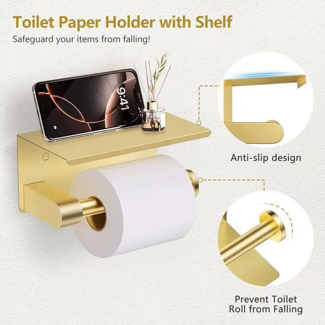 Alt view image 3 of 7 - 5 Piece Bathroom Hardware Set, Brushed Gold Bathroom Accessories | SUS304 Stainless Steel, 23.6" Brushed Gold Toilet Paper Holder with Shelf, Towel Racks for Bathroom Wall Mounted, Towel Bars