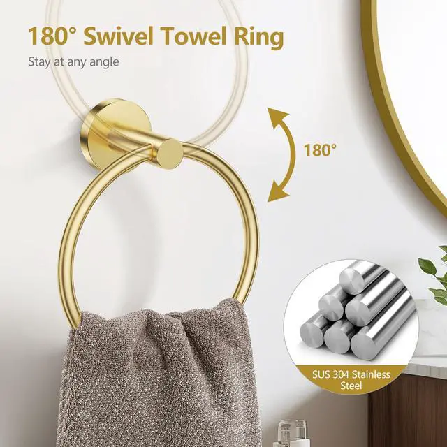 Alt view image 5 of 7 - 5 Piece Bathroom Hardware Set, Brushed Gold Bathroom Accessories | SUS304 Stainless Steel, 23.6" Brushed Gold Toilet Paper Holder with Shelf, Towel Racks for Bathroom Wall Mounted, Towel Bars