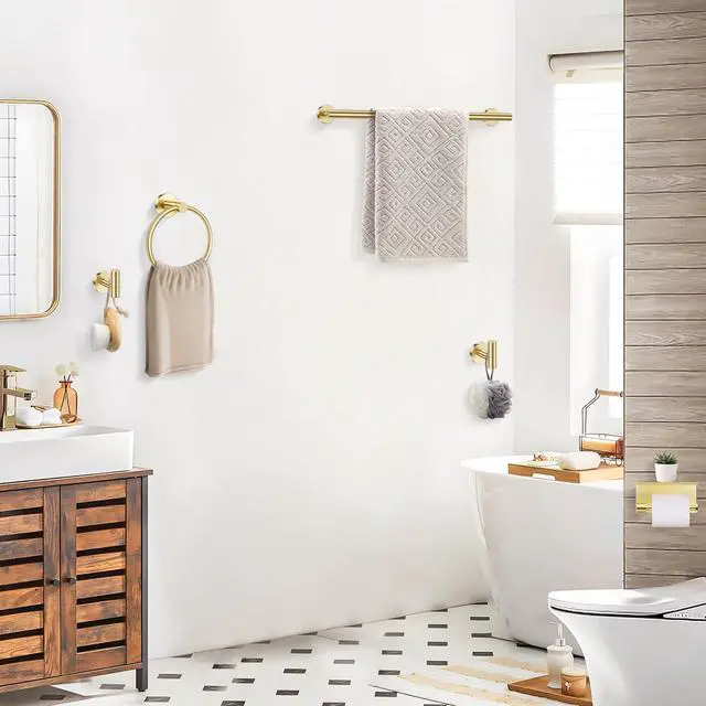 Alt view image 6 of 7 - 5 Piece Bathroom Hardware Set, Brushed Gold Bathroom Accessories | SUS304 Stainless Steel, 23.6" Brushed Gold Toilet Paper Holder with Shelf, Towel Racks for Bathroom Wall Mounted, Towel Bars