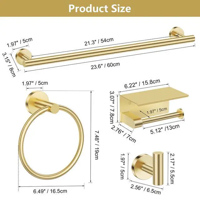 Alt view image 7 of 7 - 5 Piece Bathroom Hardware Set, Brushed Gold Bathroom Accessories | SUS304 Stainless Steel, 23.6" Brushed Gold Toilet Paper Holder with Shelf, Towel Racks for Bathroom Wall Mounted, Towel Bars