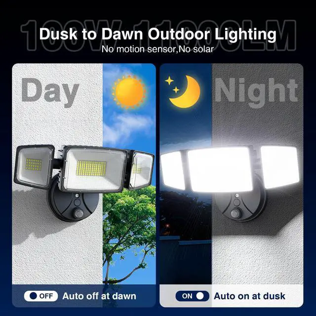 Alt view image 3 of 7 - 100w Dusk to Dawn Outdoor Lighting,11000LM Led Outdoor Light from Dusk Till Dawn,Super Bright Flood Light,IP66 Waterproof Exterior Security Black Light Fixture,3 Heads Photocell for Garage,Yard