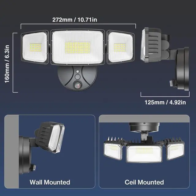 Alt view image 7 of 7 - 100w Dusk to Dawn Outdoor Lighting,11000LM Led Outdoor Light from Dusk Till Dawn,Super Bright Flood Light,IP66 Waterproof Exterior Security Black Light Fixture,3 Heads Photocell for Garage,Yard