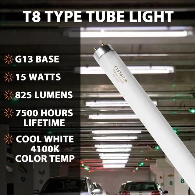 Alt view image 2 of 7 - 18 Inch F15T8/CW T8 15W Fluorescent Light Bulb Cool White, F15T8/SP41 Replacement Bulb for Garage, Office, Kitchen Under-Cabine, G13 Base 6 Count