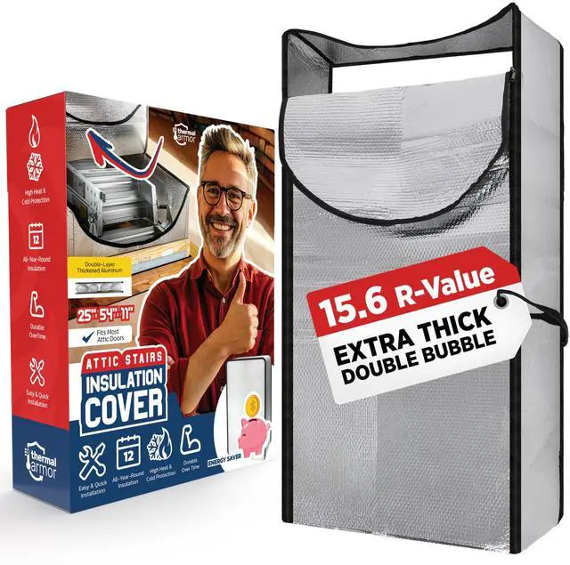 Main image of Energy Saving Attic Stairs Insulation Cover 54x25x11 Extra Thick | Easy-access zipper opening. R-15.6 rated insulation seals pull-down stair, hatch & ladder gaps against drafts