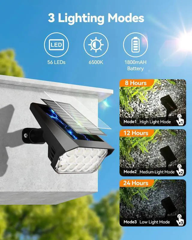 Alt view image 3 of 7 - Solar Lights Outdoor Waterproof IP65, 56 LED 3 Lighting Modes Solar Spot Lights Outdoor, Solar Powered Landscape Lighting for Yard Pathway Garden, 4 Pack (Cool White)