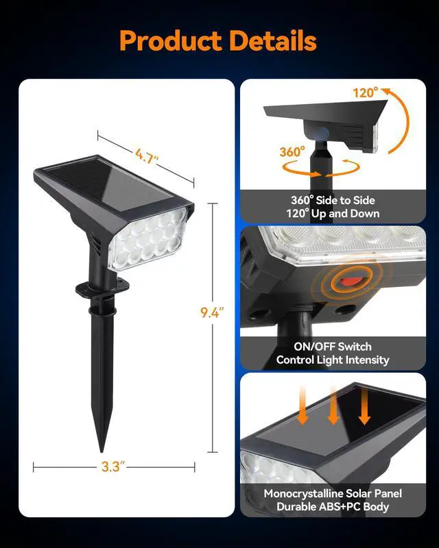 Alt view image 6 of 7 - Solar Lights Outdoor Waterproof IP65, 56 LED 3 Lighting Modes Solar Spot Lights Outdoor, Solar Powered Landscape Lighting for Yard Pathway Garden, 4 Pack (Cool White)