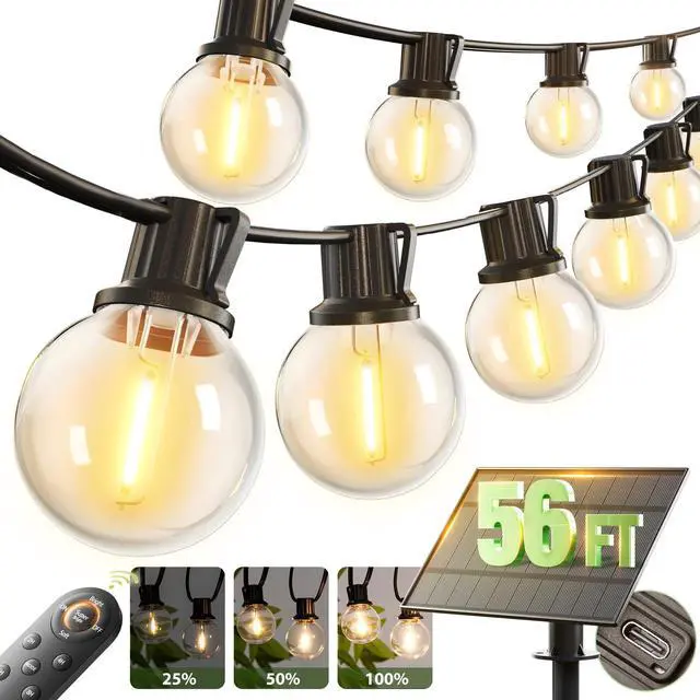 Main image of 56FT(50+6) Solar String Lights Outdoor with Remote, 27 LED G40 Bulbs | Solar Powered & USB Charging Patio Lights, Dimmable Waterproof Solar String Lights for Outside, Camping, Backyard