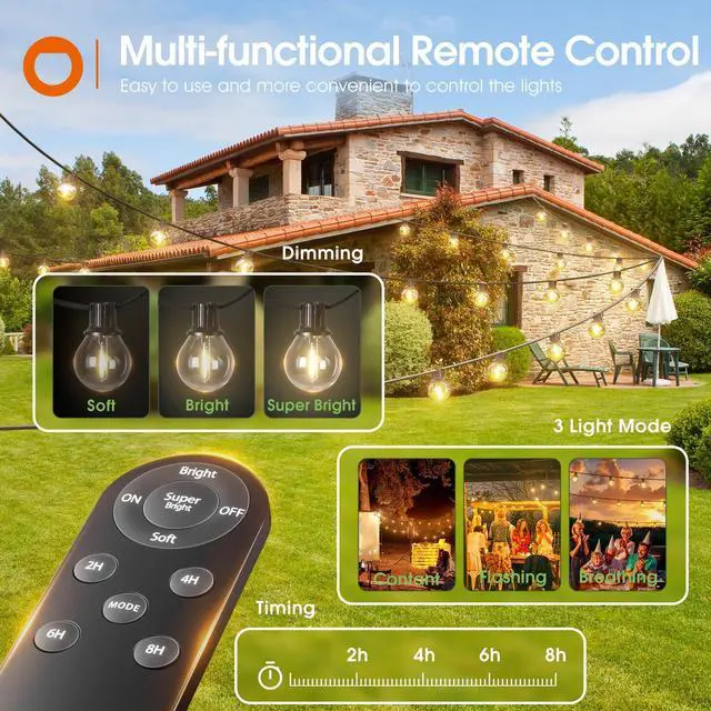 Alt view image 5 of 7 - 56FT(50+6) Solar String Lights Outdoor with Remote, 27 LED G40 Bulbs | Solar Powered & USB Charging Patio Lights, Dimmable Waterproof Solar String Lights for Outside, Camping, Backyard