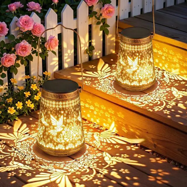Main image of 2 Pack Solar Lanterns Outdoor Waterproof Birthday Gifts for Women Mom Grandma, Hollowed-Out Metal Hummingbird Hanging Solar Lantern Lights Outdoor Decor, 2 Modes Lights Decor for Yard, Patio