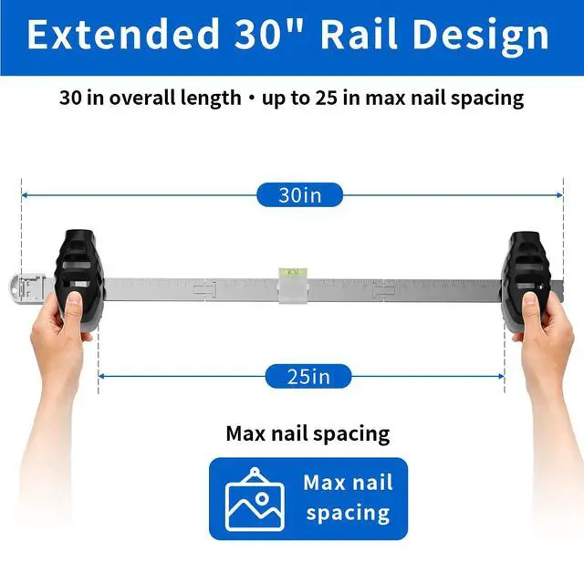 Alt view image 2 of 7 - 3-in-1 Picture Hanging Tool, All-in-One Art Hanging Kit with Leveling, Position Marking & Effortless Push Nail Design, Double Nails for 25 Inch Frames, Wall Hanging Solution for Home Decor