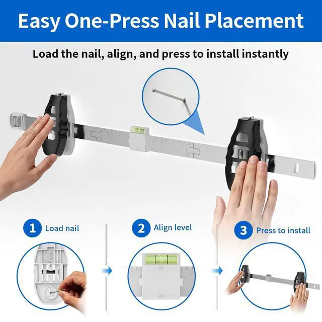 Alt view image 3 of 7 - 3-in-1 Picture Hanging Tool, All-in-One Art Hanging Kit with Leveling, Position Marking & Effortless Push Nail Design, Double Nails for 25 Inch Frames, Wall Hanging Solution for Home Decor