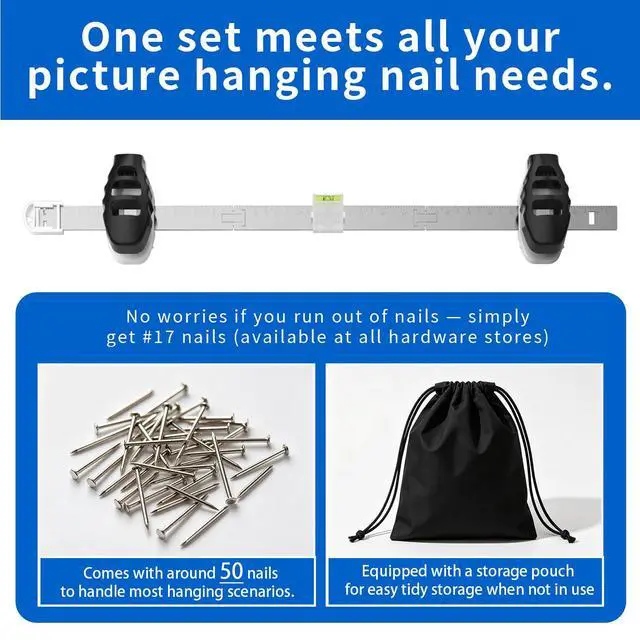 Alt view image 7 of 7 - 3-in-1 Picture Hanging Tool, All-in-One Art Hanging Kit with Leveling, Position Marking & Effortless Push Nail Design, Double Nails for 25 Inch Frames, Wall Hanging Solution for Home Decor