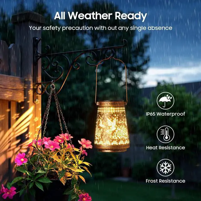 Alt view image 4 of 7 - 2 Pack Solar Lanterns Outdoor Waterproof Birthday Gifts for Women Mom Grandma, Hollowed-Out Metal Hummingbird Hanging Solar Lantern Lights Outdoor Decor, 2 Modes Lights Decor for Yard, Patio