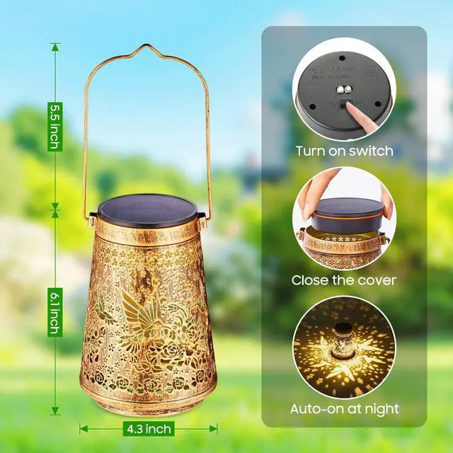 Alt view image 5 of 7 - 2 Pack Solar Lanterns Outdoor Waterproof Birthday Gifts for Women Mom Grandma, Hollowed-Out Metal Hummingbird Hanging Solar Lantern Lights Outdoor Decor, 2 Modes Lights Decor for Yard, Patio