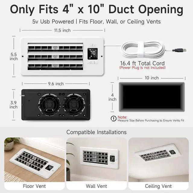 Alt view image 7 of 7 - Smart 4"x10" Register Booster Fan, Thermostat, 10 Speeds, Automatic Louver | AC Vent Booster with Remote and LCD Display, Improves Heating and Cooling Airflow for 4"x10" Floor, Wall or Ceiling Vents