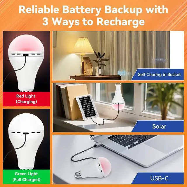 Alt view image 3 of 7 - MagixPro Remote Rechargeable Light Bulbs, USB & Socket Charging, 1800mAh Battery, Dimmable LED Bulb for Hardwired & Non-wired Lamps Sconces, Touch + Remote Control, Wall Switch Compatible, 2 Pack