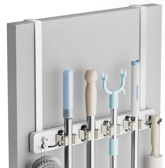 Main image of Broom Holder Door Mount, Wood Over the Door Broom and Mop Holder | 4 Slots 4 Hooks, No Drill Setup, EVA Protection Pads, Secure Grip, Laundry Garage Closet Kitchen Use, White