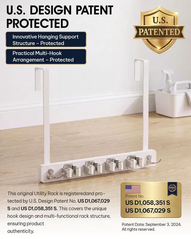 Alt view image 2 of 7 - Broom Holder Door Mount, Wood Over the Door Broom and Mop Holder | 4 Slots 4 Hooks, No Drill Setup, EVA Protection Pads, Secure Grip, Laundry Garage Closet Kitchen Use, White