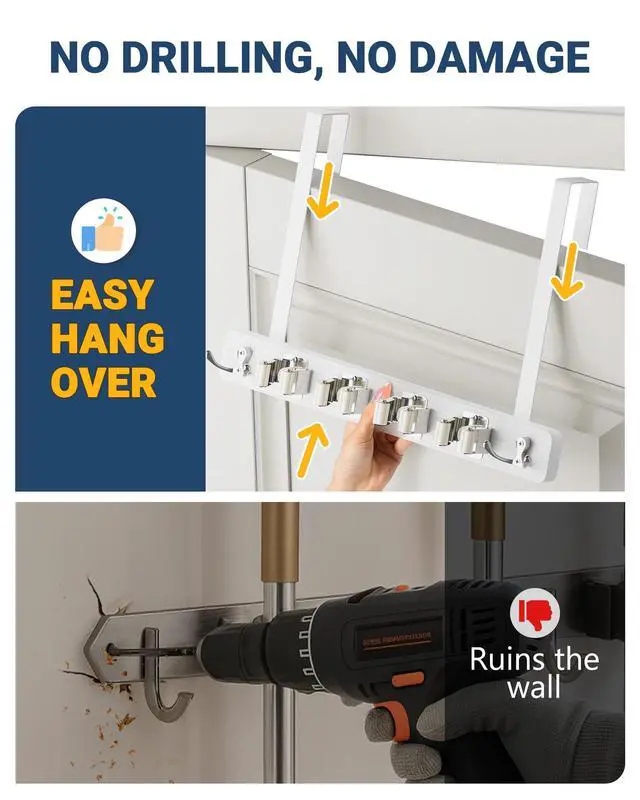 Alt view image 3 of 7 - Broom Holder Door Mount, Wood Over the Door Broom and Mop Holder | 4 Slots 4 Hooks, No Drill Setup, EVA Protection Pads, Secure Grip, Laundry Garage Closet Kitchen Use, White