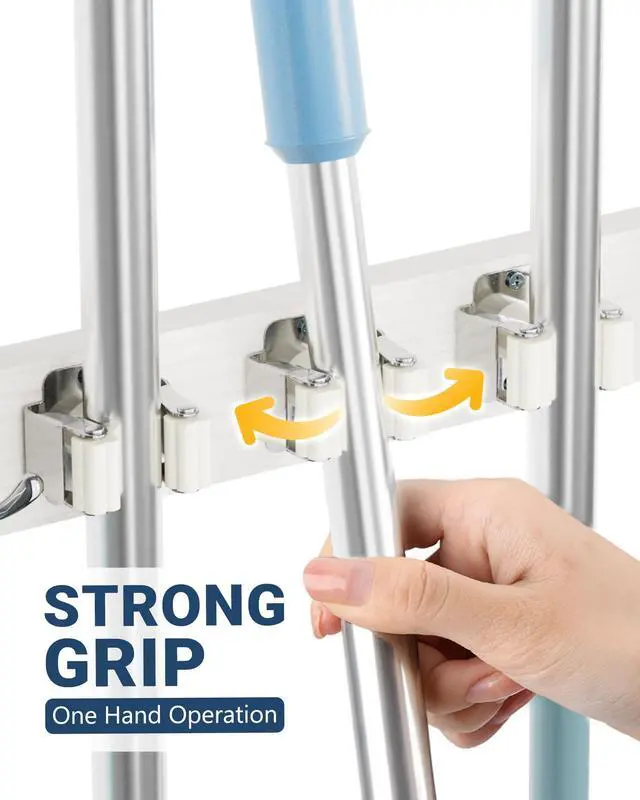 Alt view image 4 of 7 - Broom Holder Door Mount, Wood Over the Door Broom and Mop Holder | 4 Slots 4 Hooks, No Drill Setup, EVA Protection Pads, Secure Grip, Laundry Garage Closet Kitchen Use, White