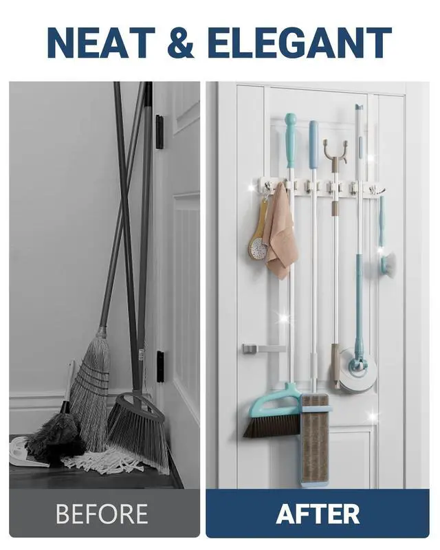 Alt view image 5 of 7 - Broom Holder Door Mount, Wood Over the Door Broom and Mop Holder | 4 Slots 4 Hooks, No Drill Setup, EVA Protection Pads, Secure Grip, Laundry Garage Closet Kitchen Use, White