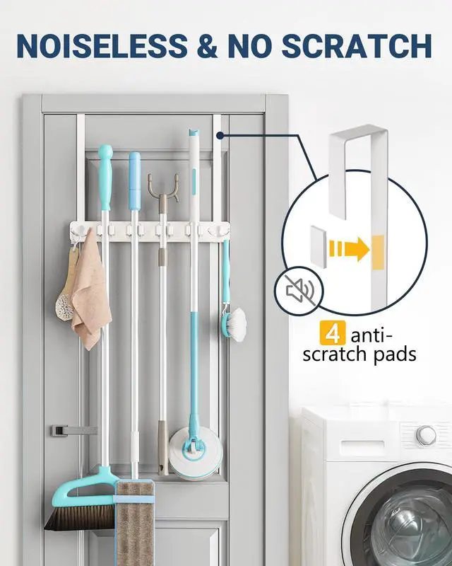 Alt view image 6 of 7 - Broom Holder Door Mount, Wood Over the Door Broom and Mop Holder | 4 Slots 4 Hooks, No Drill Setup, EVA Protection Pads, Secure Grip, Laundry Garage Closet Kitchen Use, White
