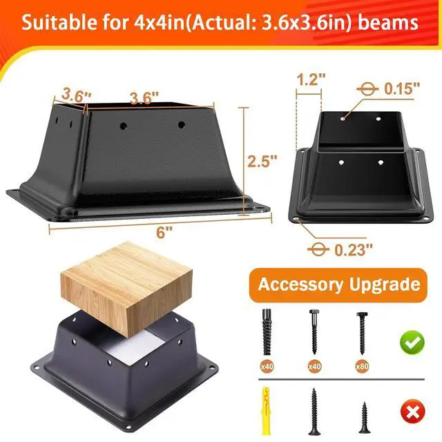 Alt view image 2 of 6 - 4x4 Post Base 10Pcs, Internal 3.58"x3.58" Heavy Duty Powder-Coated Steel Post Bracket Fit for Standard Wood Post Anchor, Decking Post Base for Deck Porch Handrail Railing Support