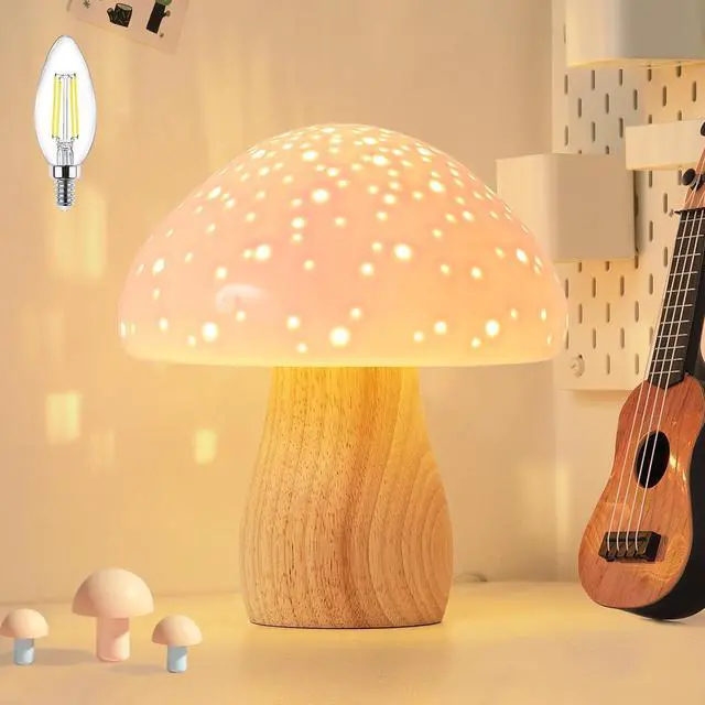Main image of Mushroom Lamp Ceramic Bedside Table Lamp, Pink | Vintage Cute Night Light Small Aesthetic Nightstand Lamp for Living Room Bedroom Kids Desk Home Decor, LED Bulb Included