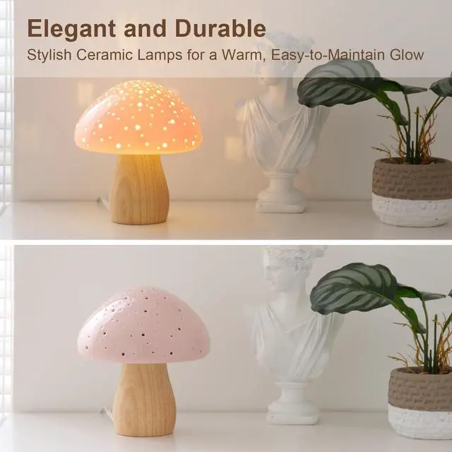Alt view image 2 of 7 - Mushroom Lamp Ceramic Bedside Table Lamp, Pink | Vintage Cute Night Light Small Aesthetic Nightstand Lamp for Living Room Bedroom Kids Desk Home Decor, LED Bulb Included