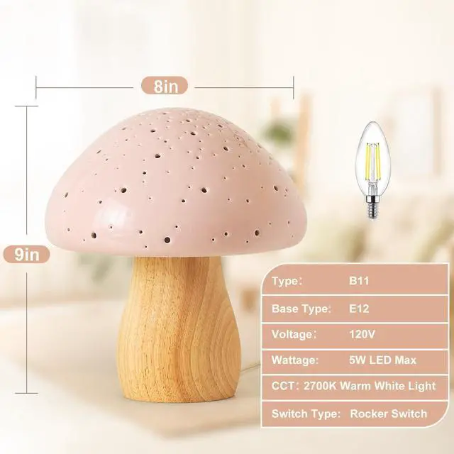 Alt view image 3 of 7 - Mushroom Lamp Ceramic Bedside Table Lamp, Pink | Vintage Cute Night Light Small Aesthetic Nightstand Lamp for Living Room Bedroom Kids Desk Home Decor, LED Bulb Included