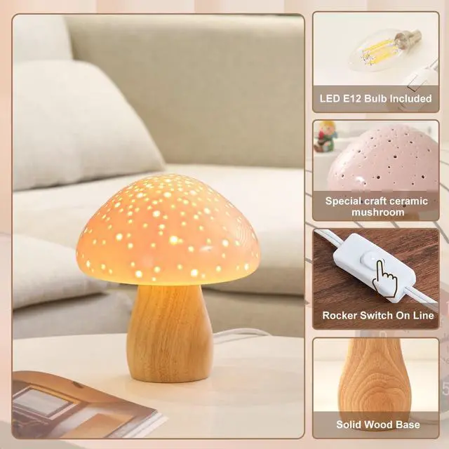 Alt view image 5 of 7 - Mushroom Lamp Ceramic Bedside Table Lamp, Pink | Vintage Cute Night Light Small Aesthetic Nightstand Lamp for Living Room Bedroom Kids Desk Home Decor, LED Bulb Included