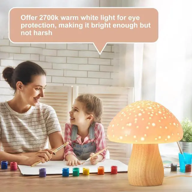 Alt view image 6 of 7 - Mushroom Lamp Ceramic Bedside Table Lamp, Pink | Vintage Cute Night Light Small Aesthetic Nightstand Lamp for Living Room Bedroom Kids Desk Home Decor, LED Bulb Included