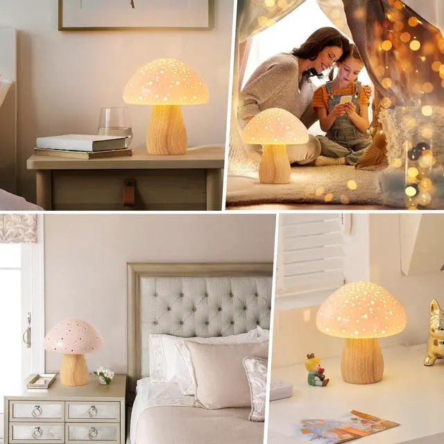 Alt view image 7 of 7 - Mushroom Lamp Ceramic Bedside Table Lamp, Pink | Vintage Cute Night Light Small Aesthetic Nightstand Lamp for Living Room Bedroom Kids Desk Home Decor, LED Bulb Included