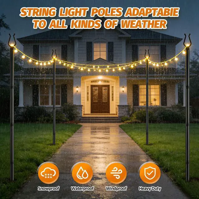 Alt view image 4 of 7 - 4 Pack String Light Poles - 10FT Light Poles for Outside with Fork Base, Outdoor String Light Poles, Durable Poles for String Lights in Backyard, Deck, Garden, Wedding Events