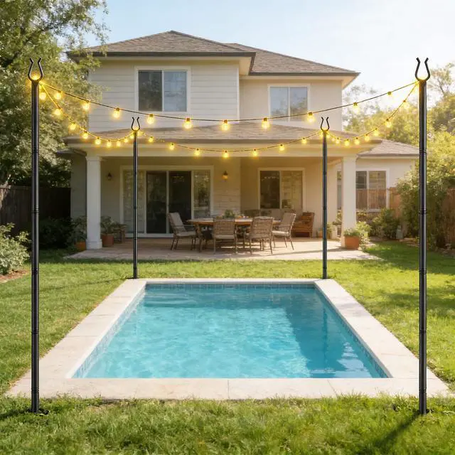 Alt view image 6 of 7 - 4 Pack String Light Poles - 10FT Light Poles for Outside with Fork Base, Outdoor String Light Poles, Durable Poles for String Lights in Backyard, Deck, Garden, Wedding Events