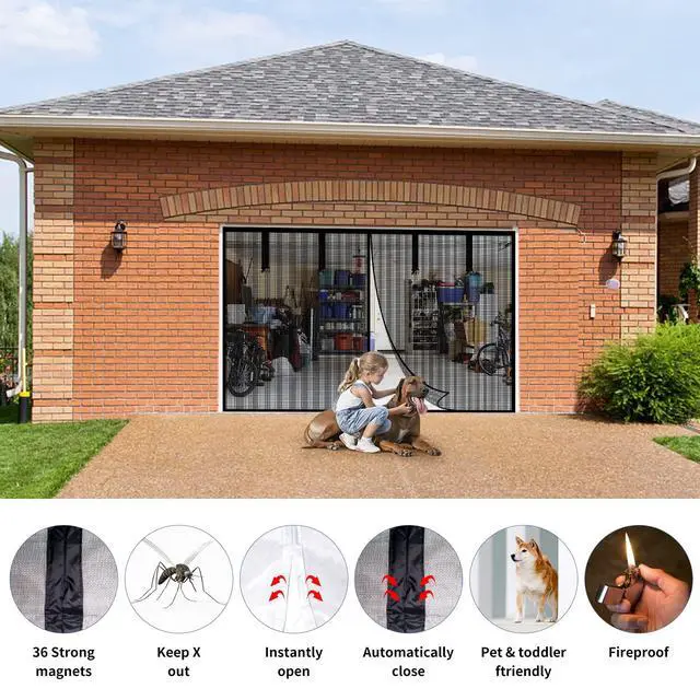 Alt view image 4 of 6 - Magnetic Garage Screen Door for 1 Car Garage Doors 9x7FT- Reinforced Self Sealing Fiberglass Mesh Door with 4 Strapping Tapes, High Energy MagnetsHands Free Door Screen with Closure Weighted Bottom