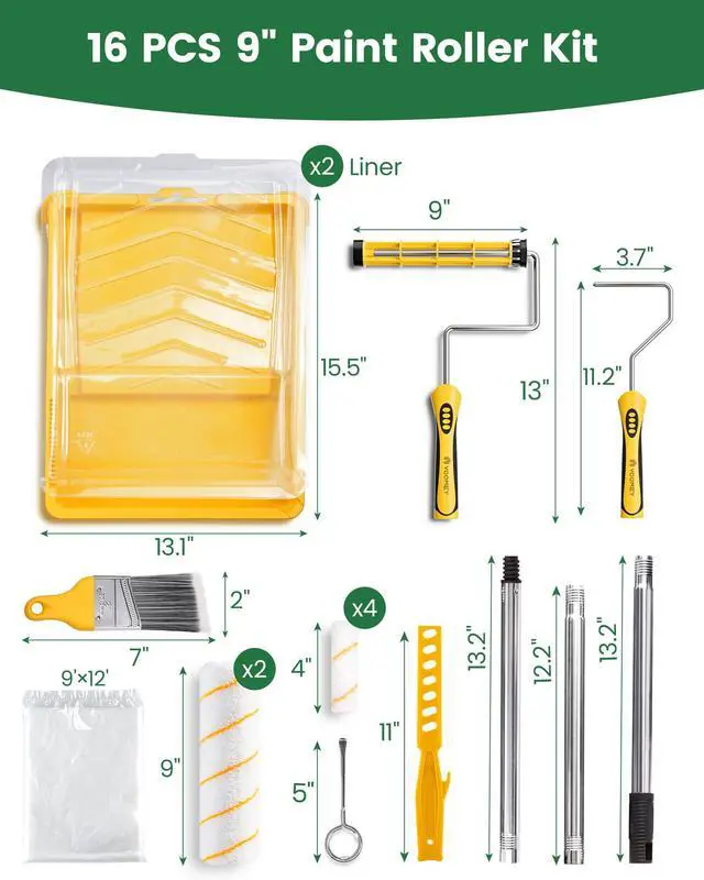 Alt view image 7 of 7 - Paint Roller Kit with Extension Pole - 9 Inch Paint Roller with Tray | Mini Paint Roller 4 inch, Small Paint Brush, 16 Piece Complete Painting Tool Set Suitable for House & Wall Painting