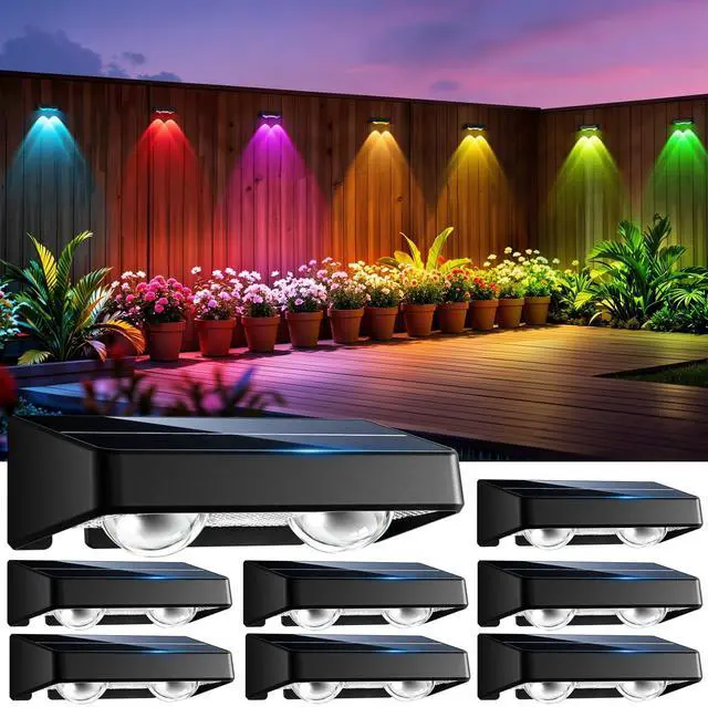 Main image of Solar Fence Lights 8 Pack 9 Colors & 11 Lighting Modes Solar Wall Lights Outdoor Waterproof IP65 RGB Color Changing Fence Lights Solar Powered for Garden Yard Patio Deck Step Patio Wall