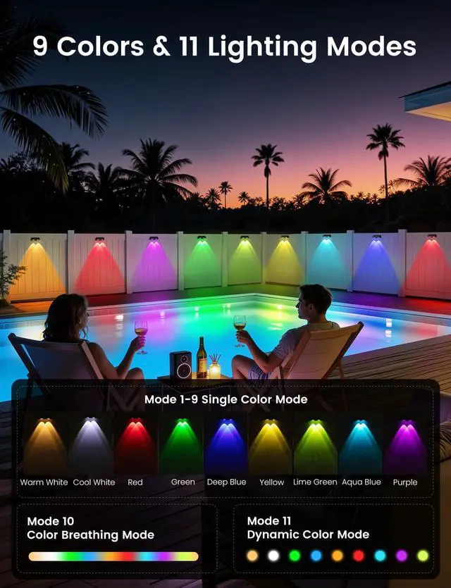 Alt view image 2 of 7 - Solar Fence Lights 8 Pack 9 Colors & 11 Lighting Modes Solar Wall Lights Outdoor Waterproof IP65 RGB Color Changing Fence Lights Solar Powered for Garden Yard Patio Deck Step Patio Wall