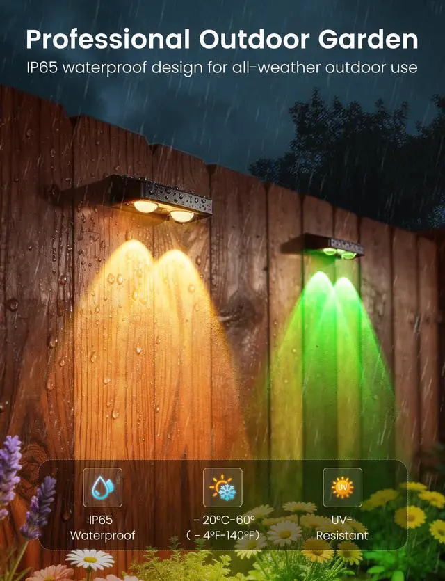 Alt view image 3 of 7 - Solar Fence Lights 8 Pack 9 Colors & 11 Lighting Modes Solar Wall Lights Outdoor Waterproof IP65 RGB Color Changing Fence Lights Solar Powered for Garden Yard Patio Deck Step Patio Wall