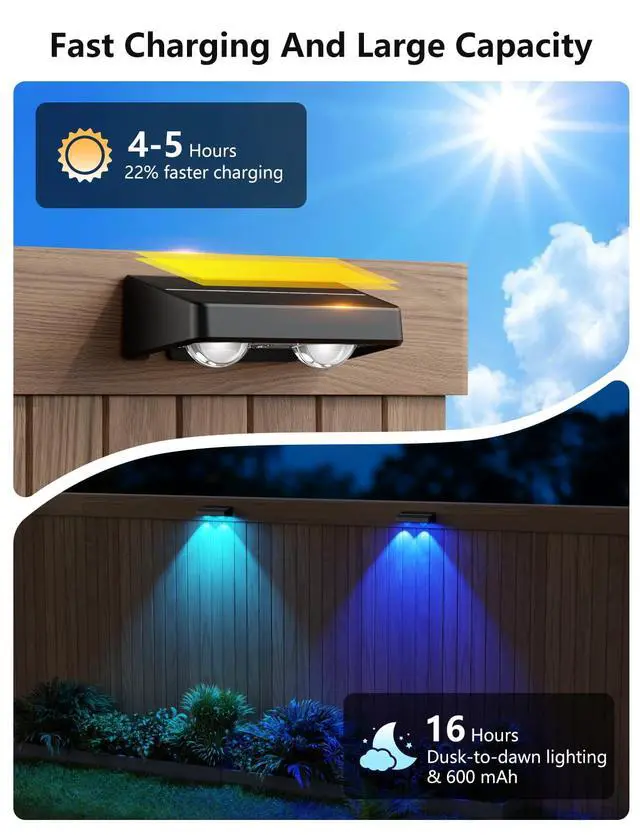 Alt view image 4 of 7 - Solar Fence Lights 8 Pack 9 Colors & 11 Lighting Modes Solar Wall Lights Outdoor Waterproof IP65 RGB Color Changing Fence Lights Solar Powered for Garden Yard Patio Deck Step Patio Wall