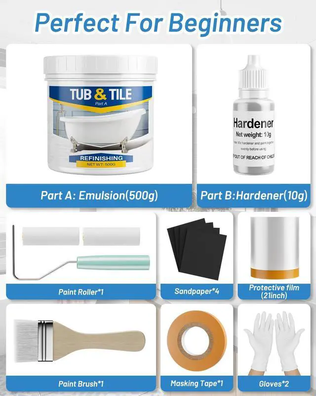Alt view image 3 of 7 - Tub and Tile Paint Refinishing Kit, 17.6oz Bathtub Refinishing Kit White with Tools and Hardener, Semi-Gloss White Tub Paint for Bathtub, Sink, Low Odor and Easy to Use, 25-30sq.ft