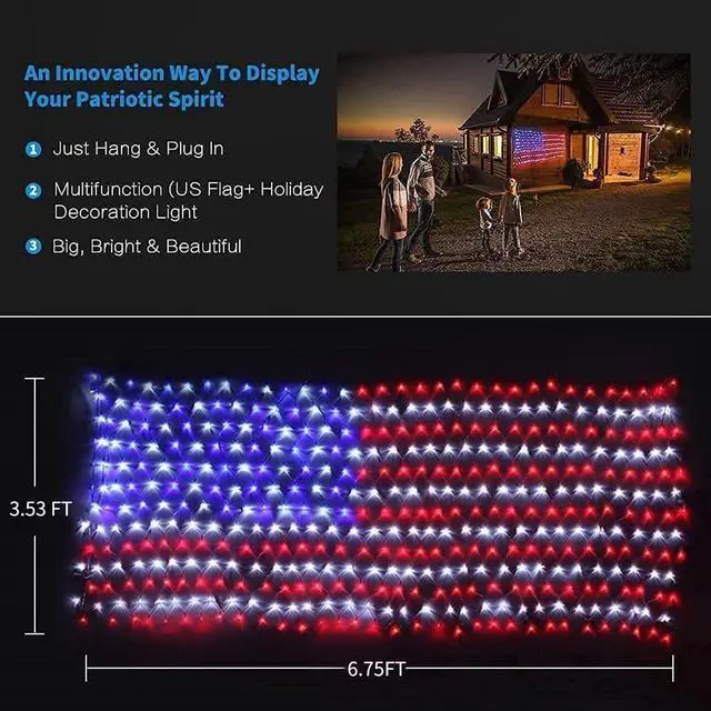 Alt view image 2 of 7 - American Flag Lights, 420 LED Lighted Flag Light,Waterproof Outdoor | 6.54FT x 3.28FT, Super Bright USA Flag, 4th of July Light, Memorial Day, Independence Day Decor Holiday Christmas Decoration