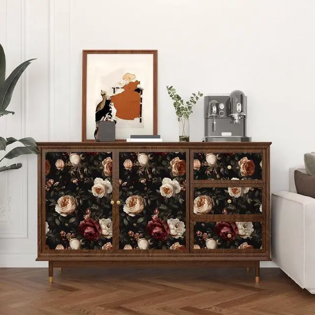 Alt view image 3 of 7 - Gothic Black Red Rose Floral Wallpaper Peel and Stick 17.5"x393" | Self Adhesive/Removable/Waterproof/Thick Vinyl Vintage Contact Paper for Bathroom Bedroom Shelf Cabinet Drawer,Prepasted