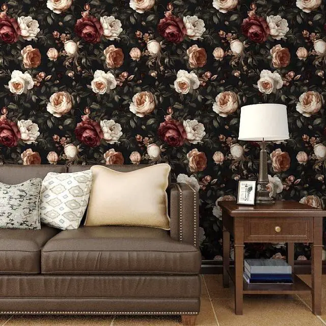 Alt view image 2 of 7 - Gothic Black Red Rose Floral Wallpaper Peel and Stick 17.5"x393" | Self Adhesive/Removable/Waterproof/Thick Vinyl Vintage Contact Paper for Bathroom Bedroom Shelf Cabinet Drawer,Prepasted