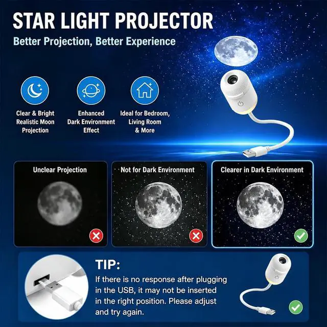 Alt view image 4 of 7 - 2-in-1 Galaxy Ocean HD Smart 5D Holographic Night Light Projector | Plug and Play, USB Portable, Adjustable Brightness, Manual 360° Rotating, Star Starry Sky Mini Projector for Bedroom Ceiling